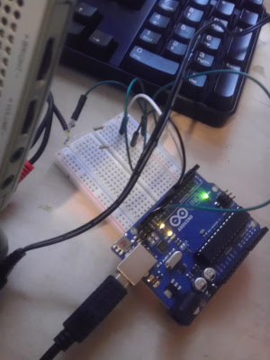 The Arduino hooked up on a breadboard.